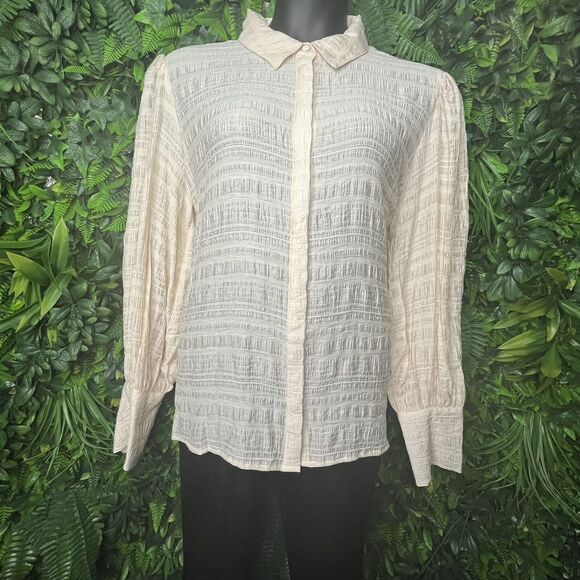 Guess Women Tops XL Beige Crinkle Blouse Collar Long Sleeve MSRP$89.00 NWT 0201 - Picture 8 of 16